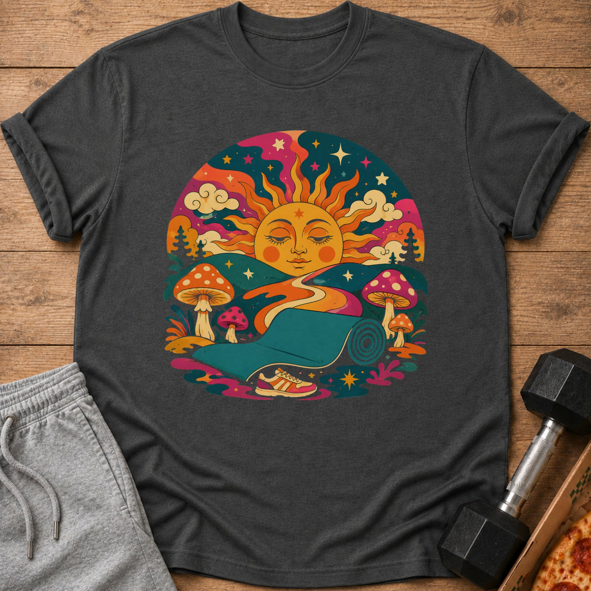 T-shirt with groovy sun, mushrooms, yoga mat, and sneakers graphic.