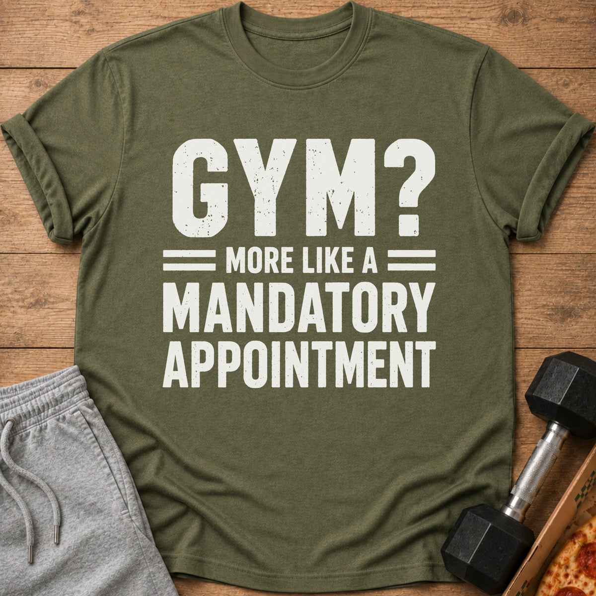 Green t-shirt with white text reading "GYM? MORE LIKE A MANDATORY APPOINTMENT."
