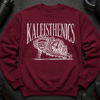Maroon sweatshirt with white "KALEISTHENICS" text and a sad, leafy figure doing a plank with a dumbbell.