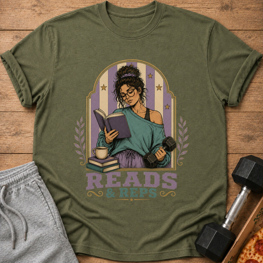 T-shirt graphic of a woman reading a book while holding dumbbells.