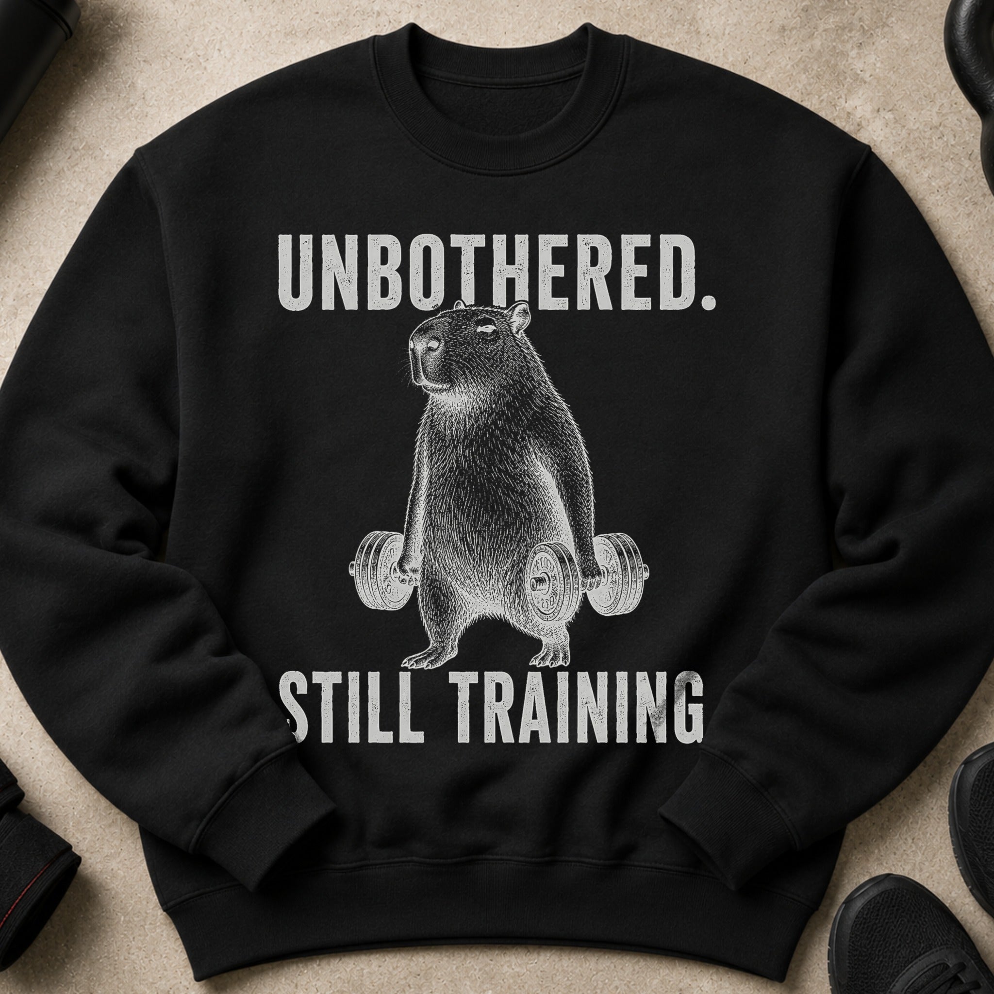 Black sweatshirt with capybara lifting weights and text "UNBOTHERED. STILL TRAINING."