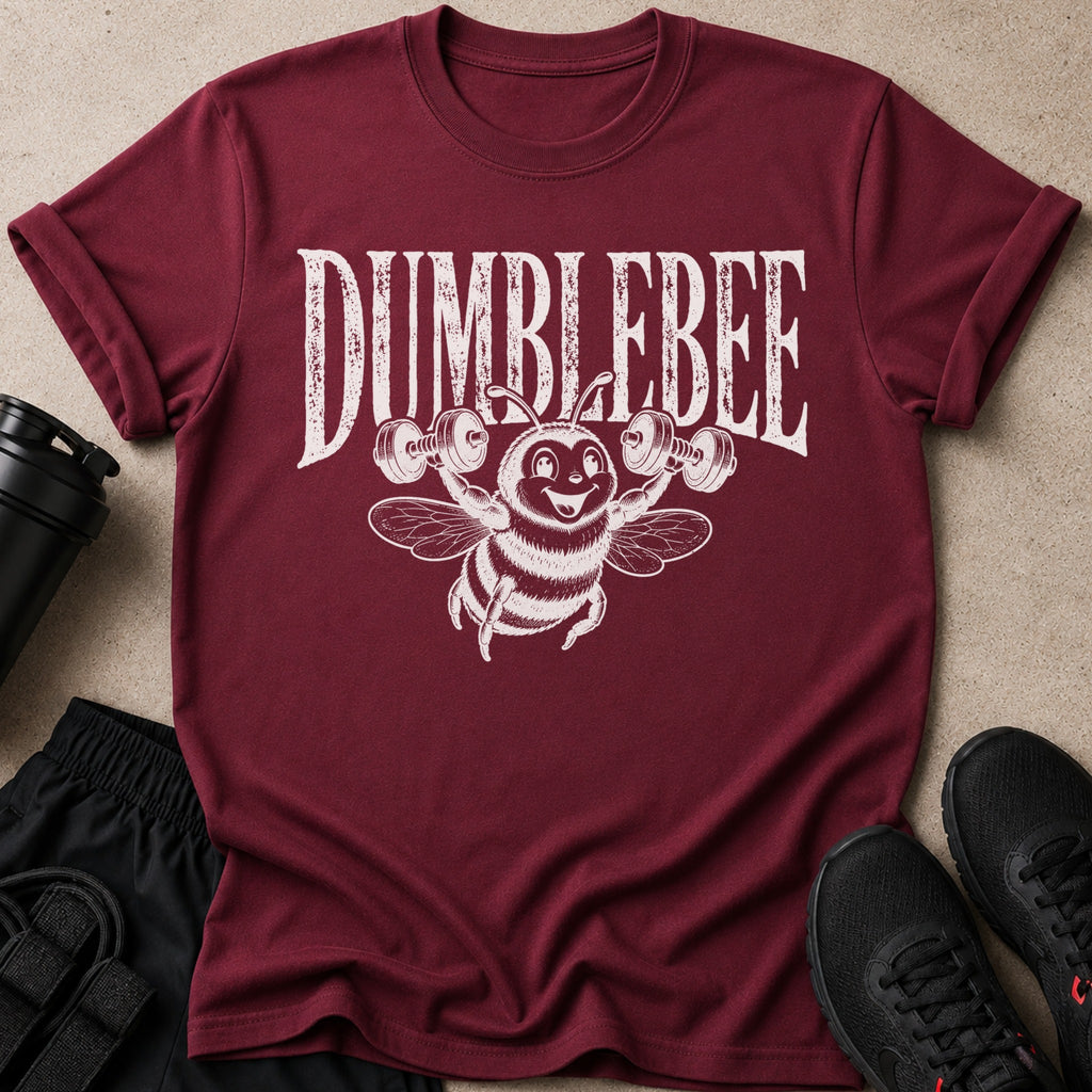Maroon t-shirt with distressed "DUMBLEBEE" text and a cartoon bee lifting weights.