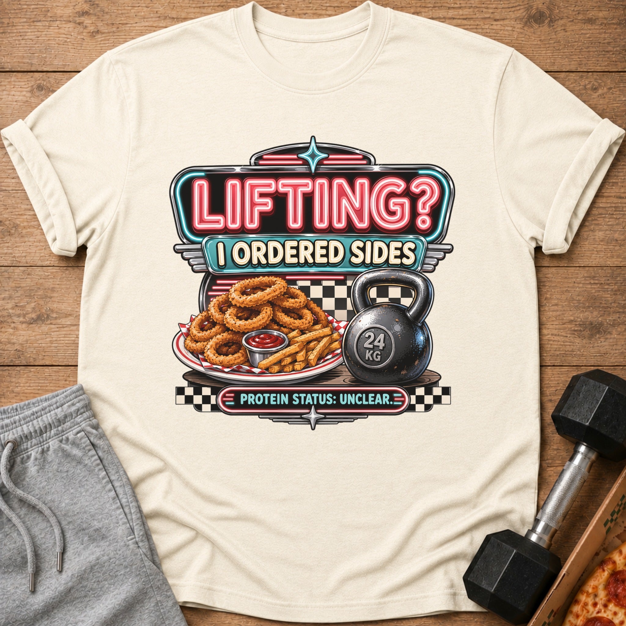 Graphic on a shirt with neon text: "Lifting? I Ordered Sides. Protein Status: Unclear."