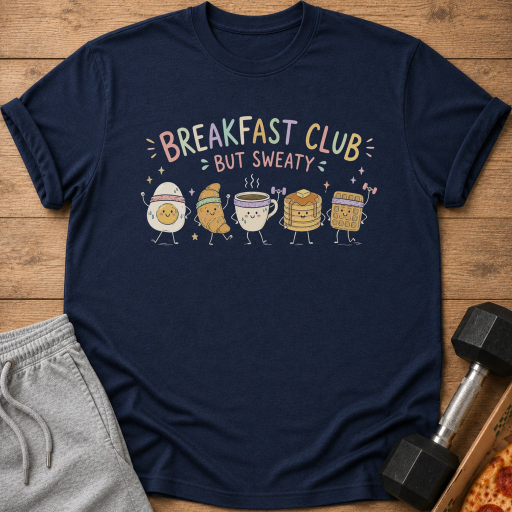 Navy t-shirt with "Breakfast Club But Sweaty" text and cartoon breakfast foods exercising.