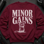 Maroon sweatshirt with "MINOR GAINS" text and weightlifting mouse illustration.