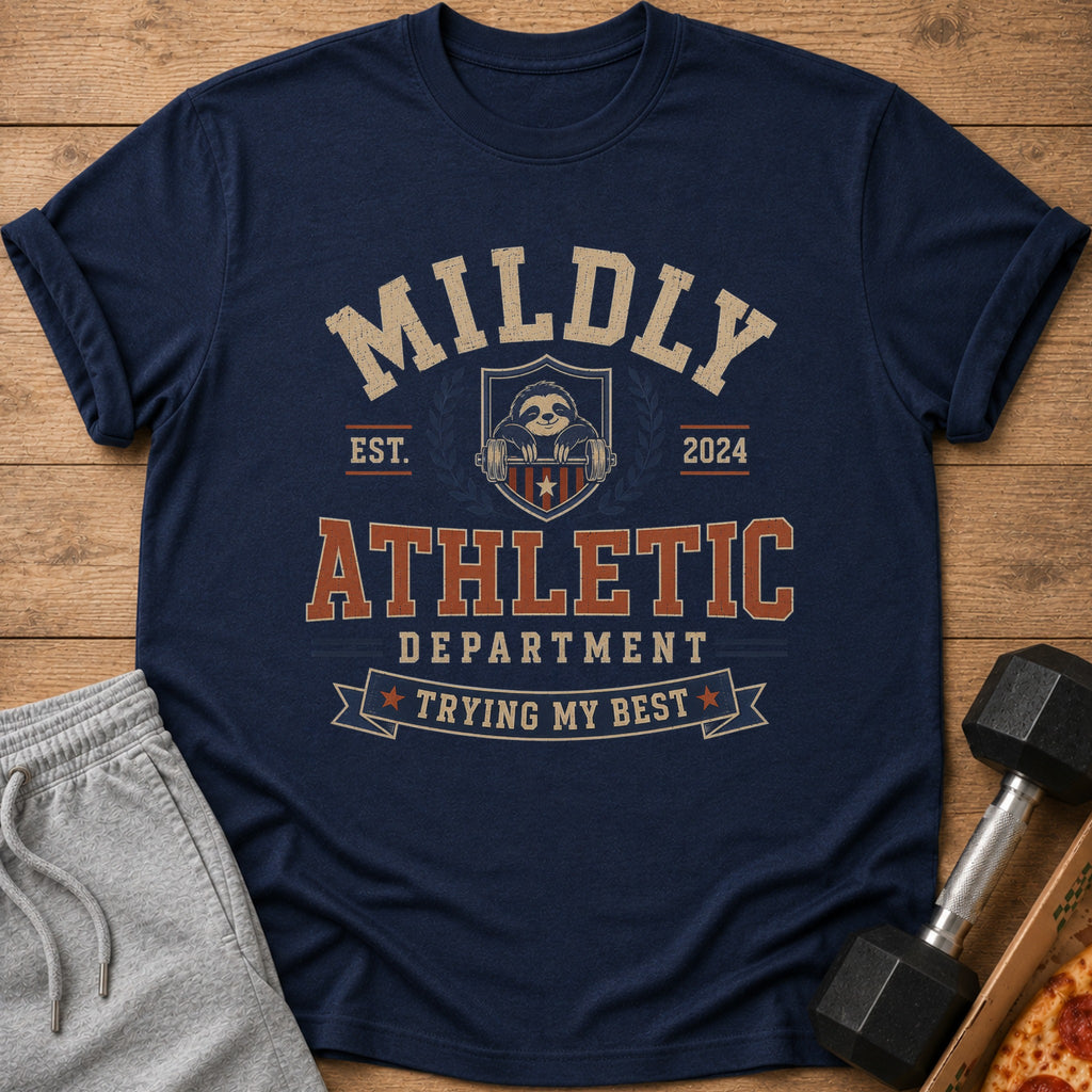 Navy t-shirt with "Mildly Athletic Department Trying My Best" text and sloth graphic.