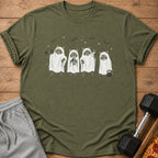 Four raccoons dressed as ghosts hold workout gear and a towel.