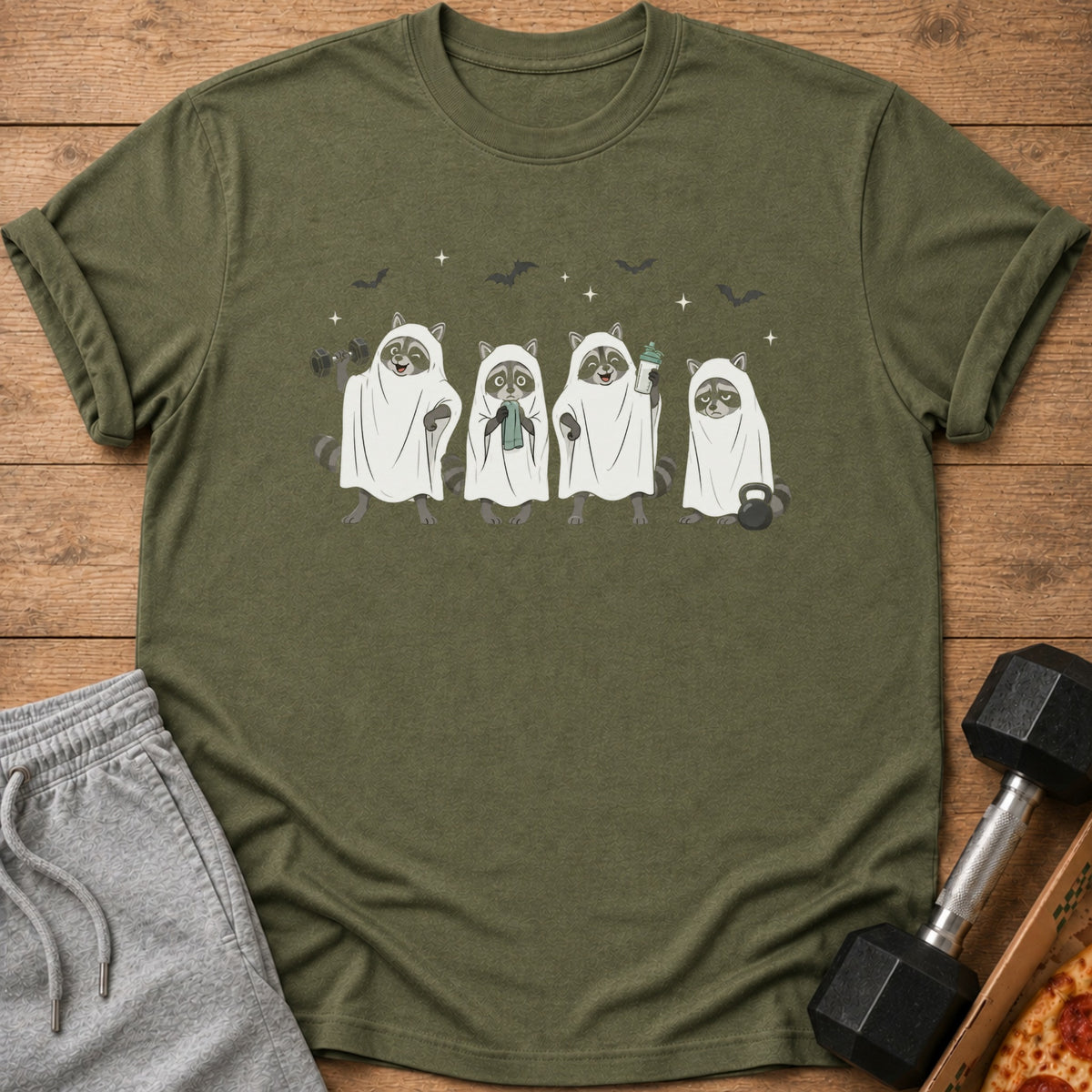 Four raccoons dressed as ghosts hold workout gear and a towel.