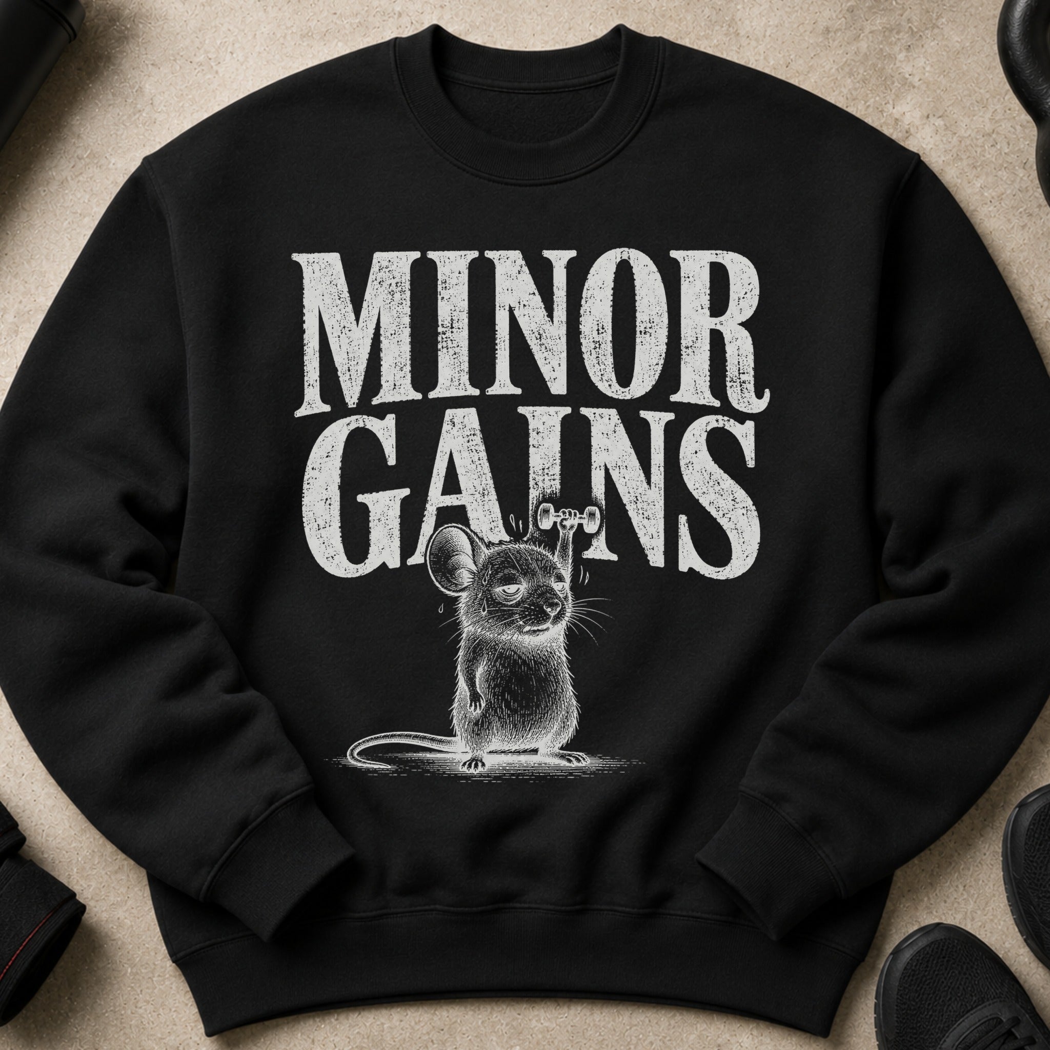 Black sweatshirt with "Minor Gains" text and a mouse lifting a dumbbell.