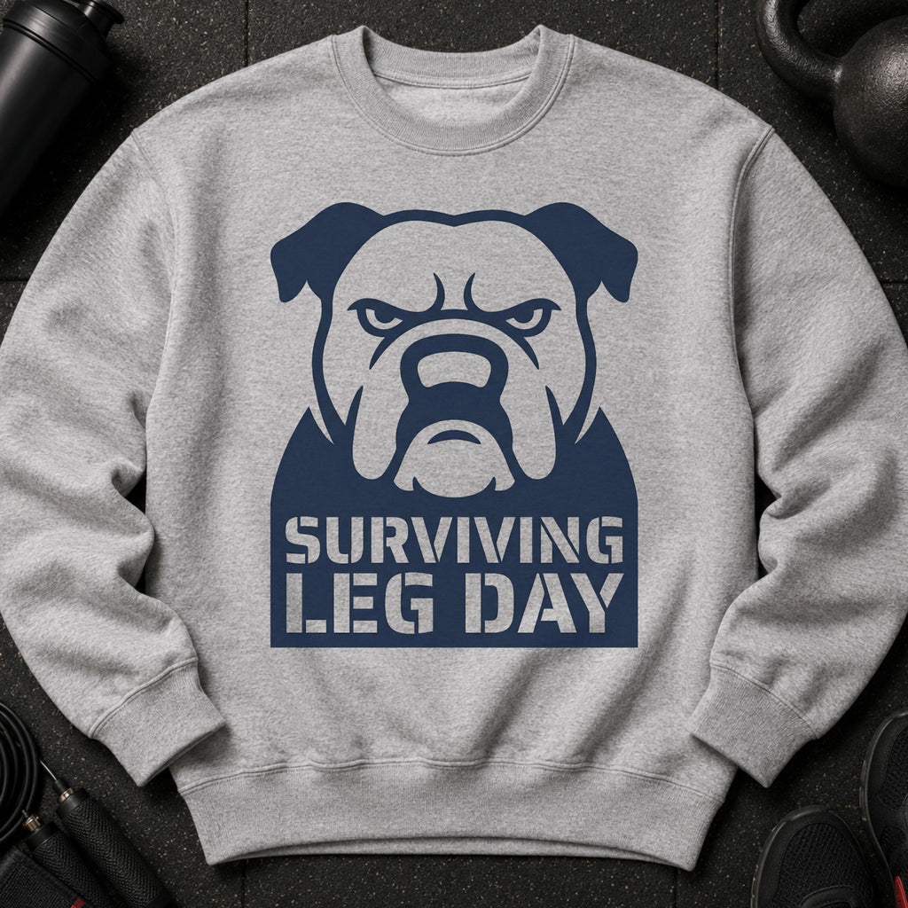 Grey sweatshirt with a dark blue bulldog graphic and "Surviving Leg Day" text.