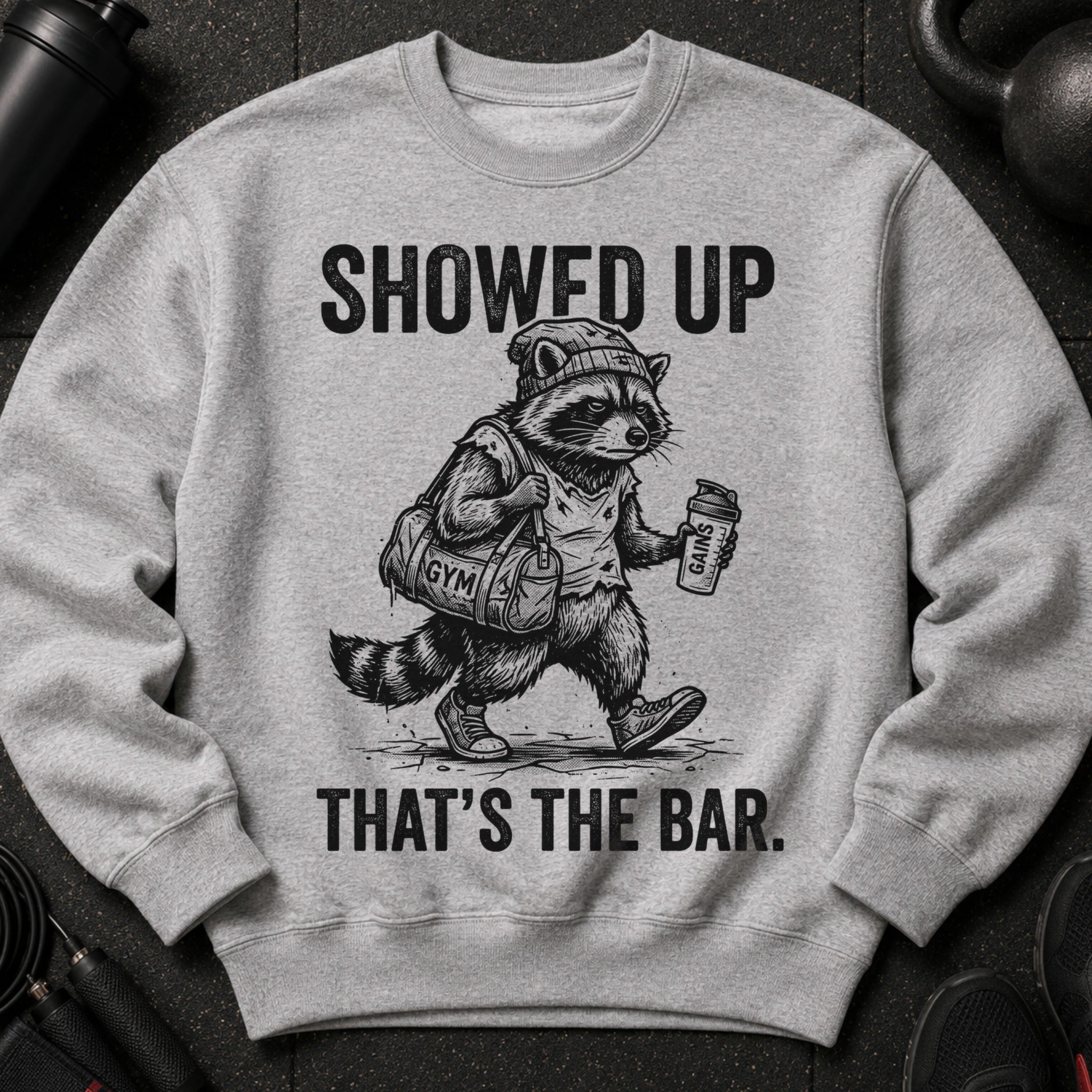 Grey sweatshirt with a black graphic of a raccoon in gym clothes holding a bag.