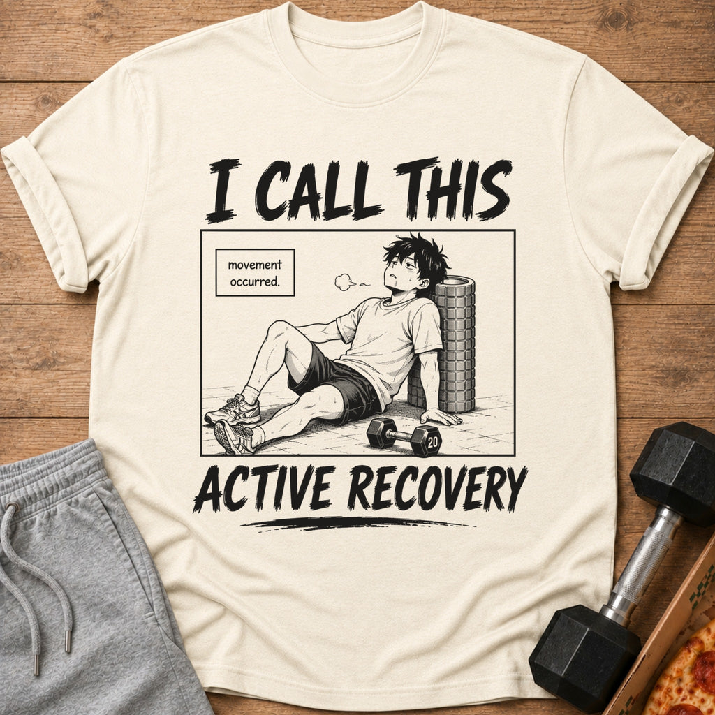 Cream t-shirt with anime art of tired man and text "I CALL THIS ACTIVE RECOVERY".