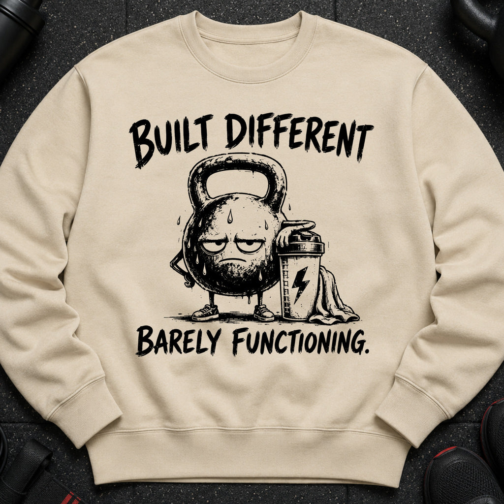 Kettlebell character wearing shoes, holding a shaker bottle, with text "Built Different Barely Functioning."