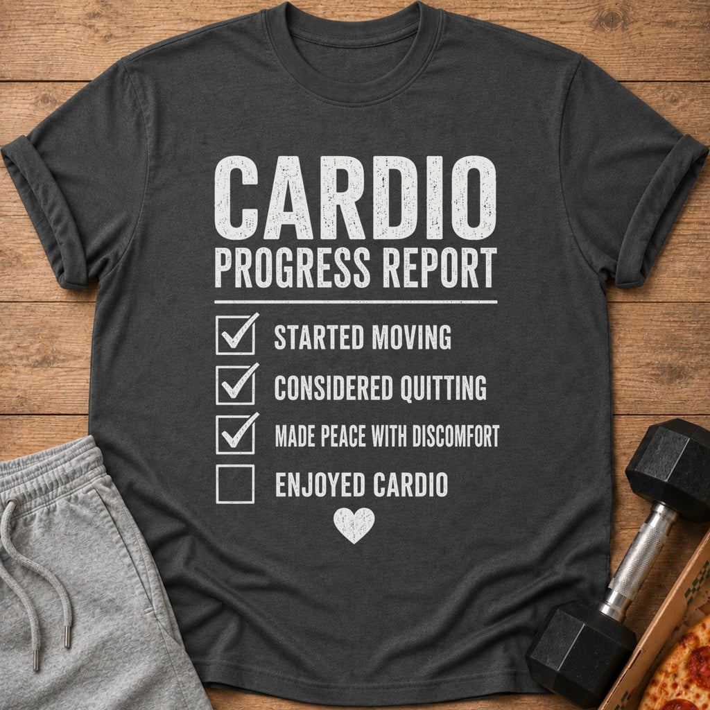 Gray t-shirt with "Cardio Progress Report" and checklist including "Enjoyed Cardio".