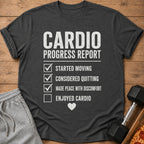Gray t-shirt with "Cardio Progress Report" and checklist including "Enjoyed Cardio".