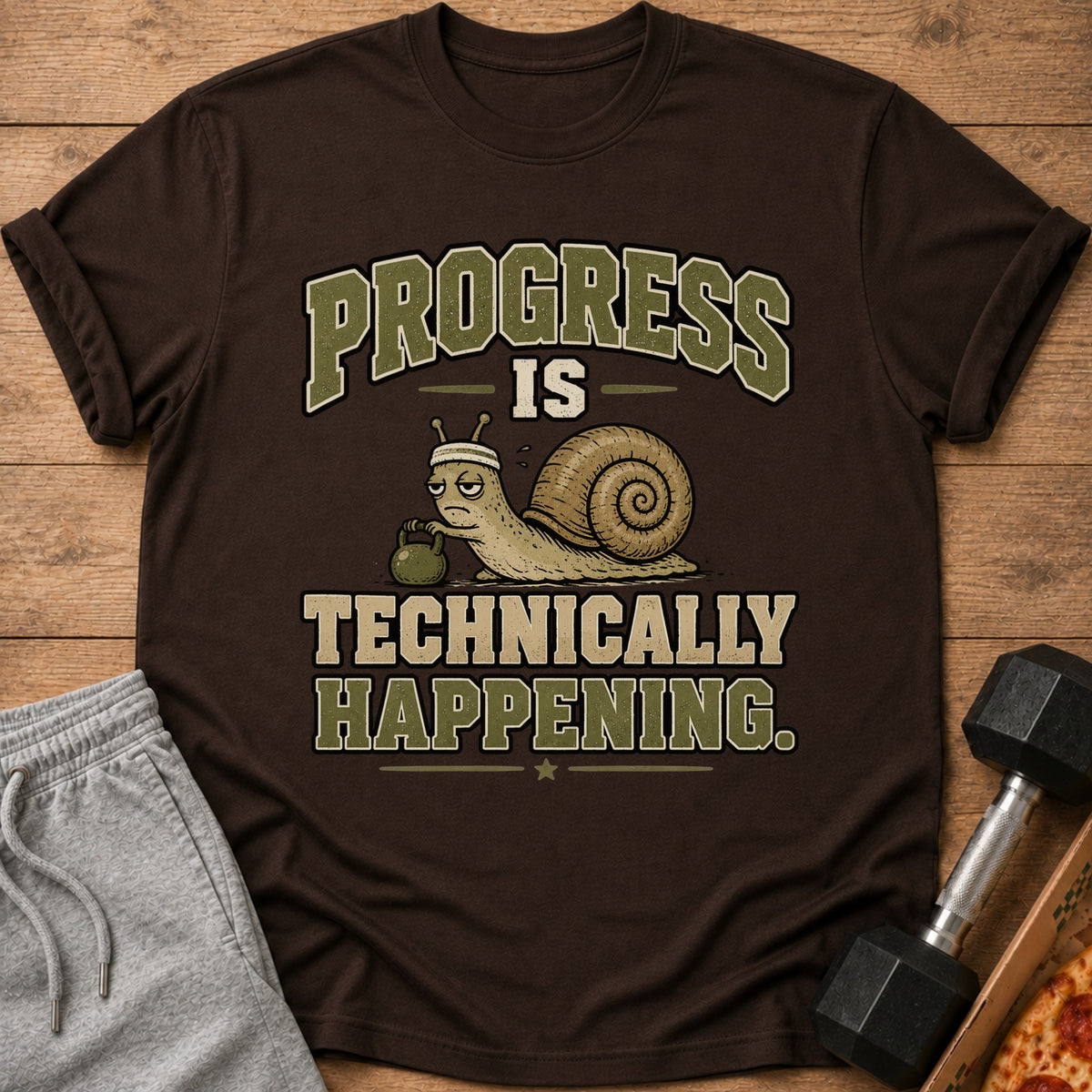 Brown t-shirt with a graphic of a snail lifting a dumbbell, text reads "Progress is Technically Happening."