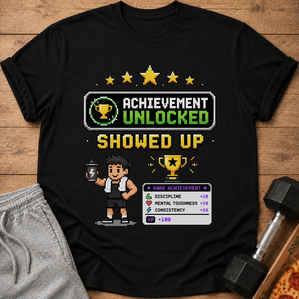 Black t-shirt with "Achievement Unlocked Showed Up" pixel art.