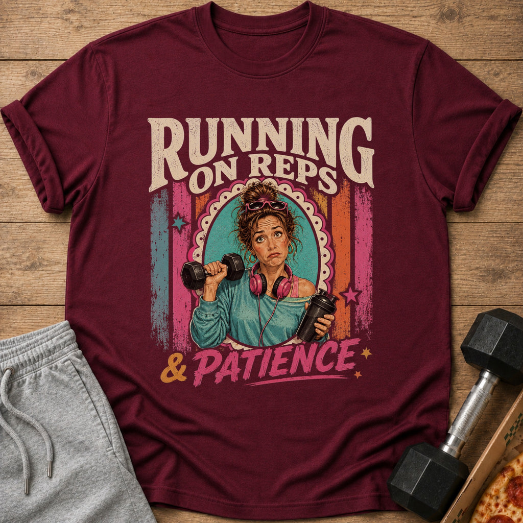 Maroon t-shirt with "Running On Reps & Patience" text and a distressed graphic.