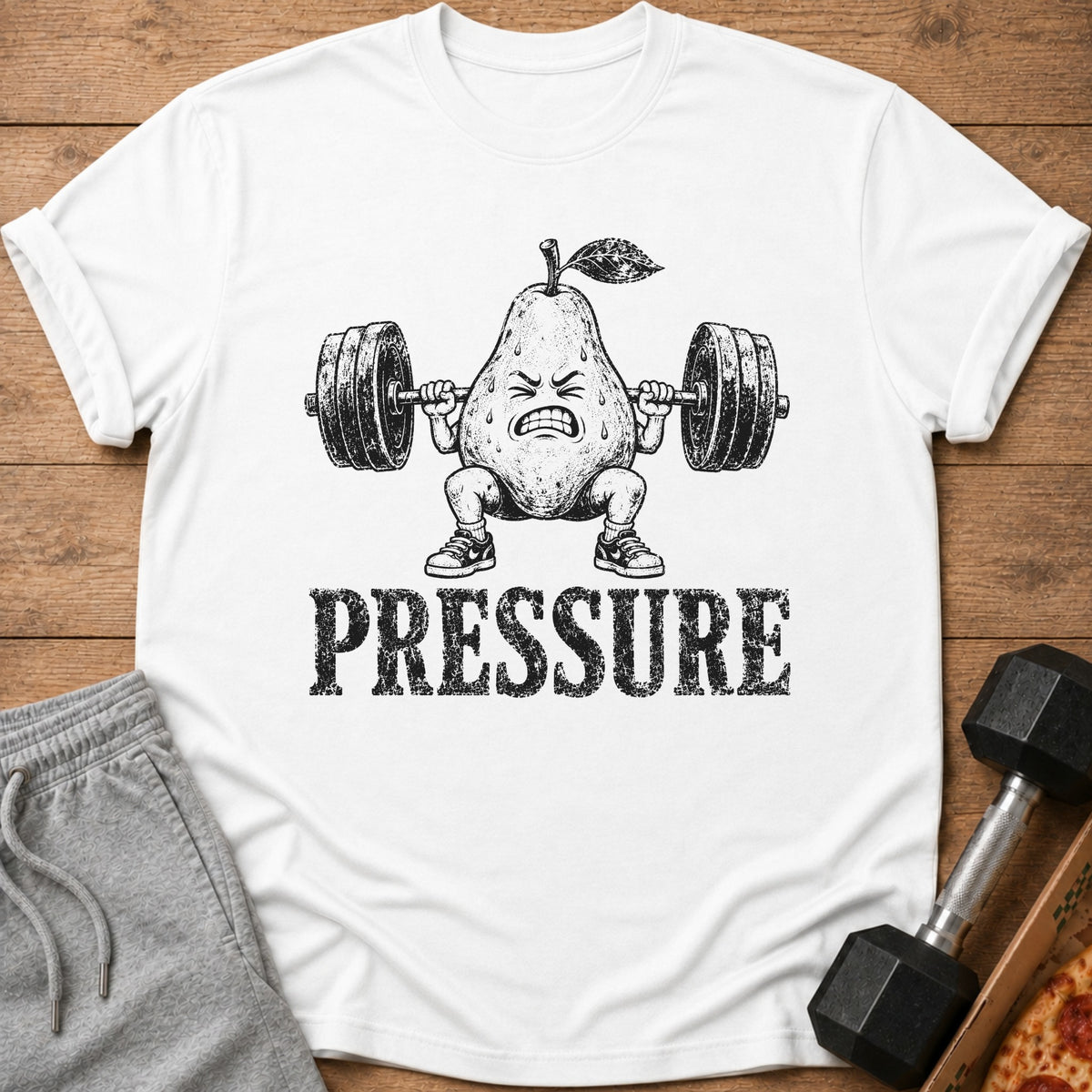 White t-shirt with distressed graphic of a pear lifting weights and the word PRESSURE.