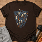 Brown t-shirt with abstract gym equipment and faces graphic.