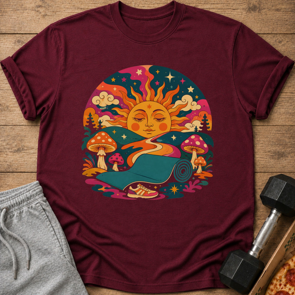 Maroon t-shirt with psychedelic sun, mushrooms, yoga mat, and sneaker graphic.