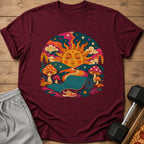 Maroon t-shirt with psychedelic sun, mushrooms, yoga mat, and sneaker graphic.