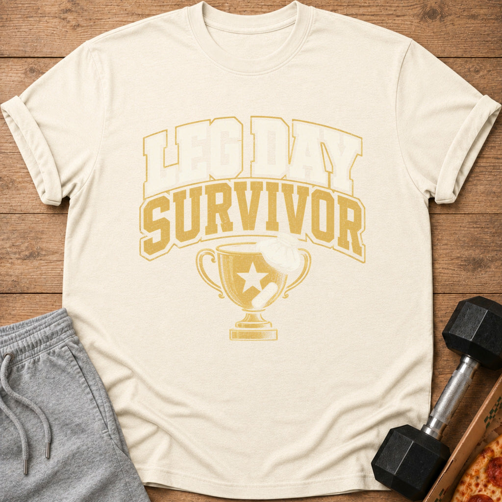 Cream t-shirt with gold "LEG DAY SURVIVOR" text and trophy graphic.