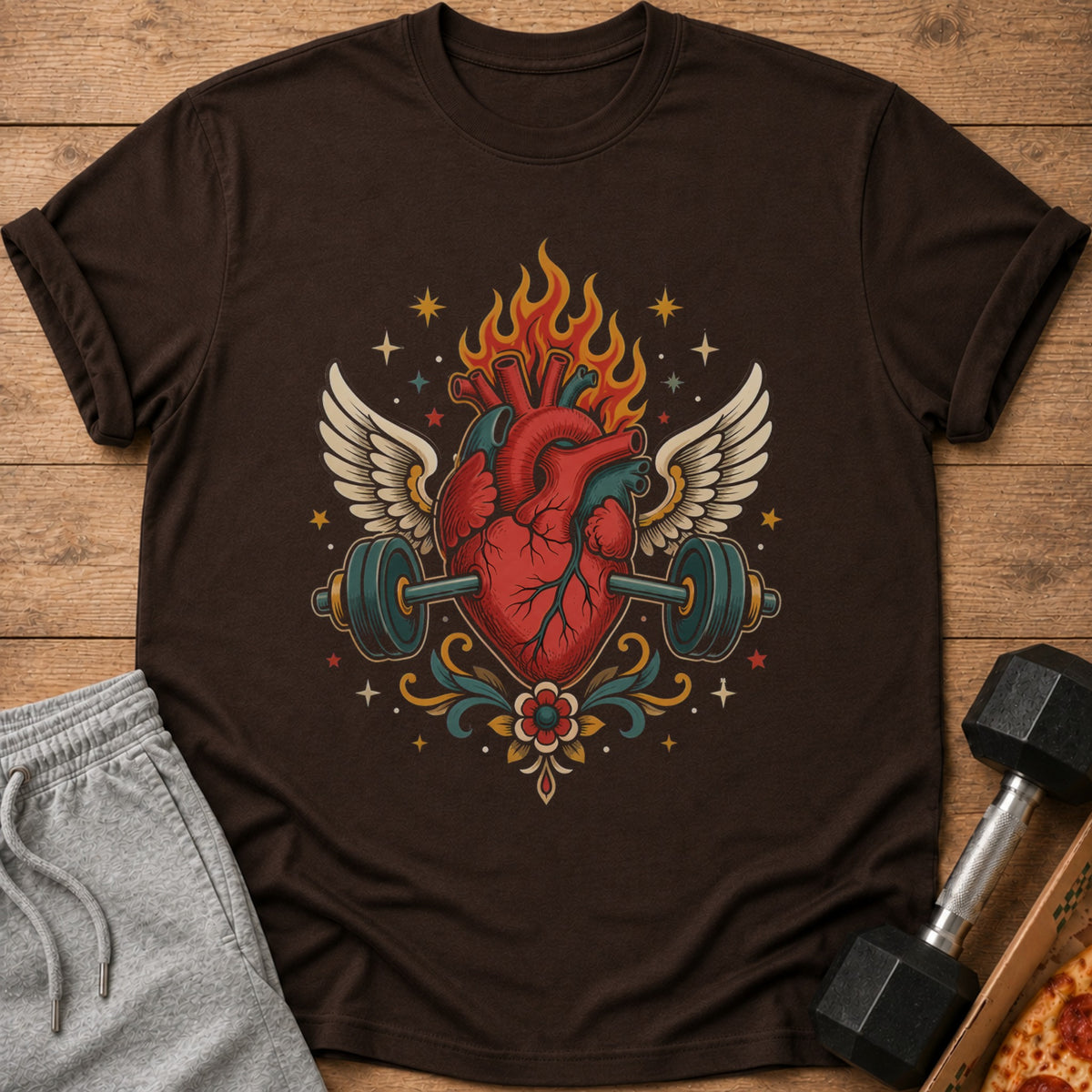 Brown t-shirt with a flaming anatomical heart and barbell design.