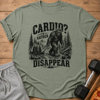 Green t-shirt with Bigfoot pulling a sled and the text "Cardio? I'd rather disappear."