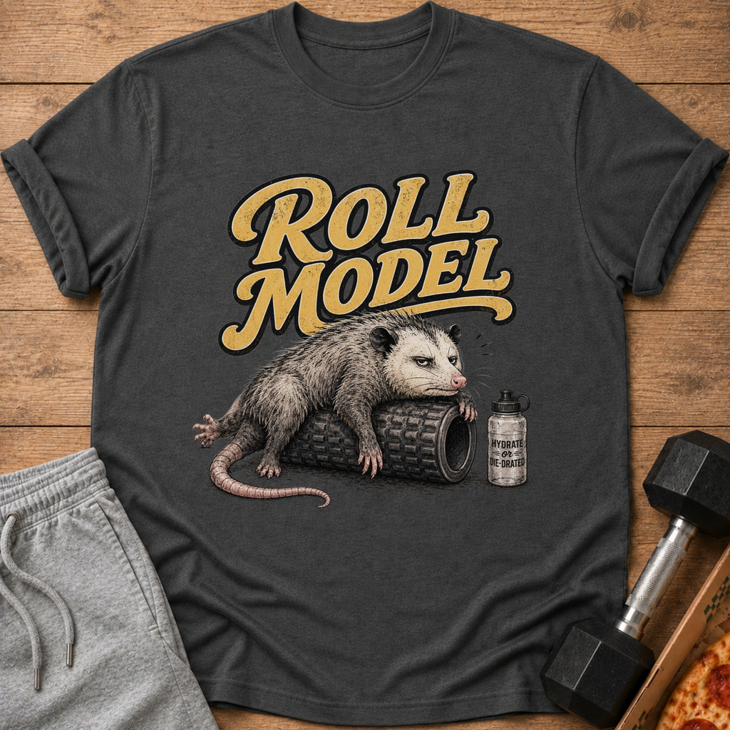 Dark grey t-shirt with "Roll Model" text and an opossum on a foam roller.