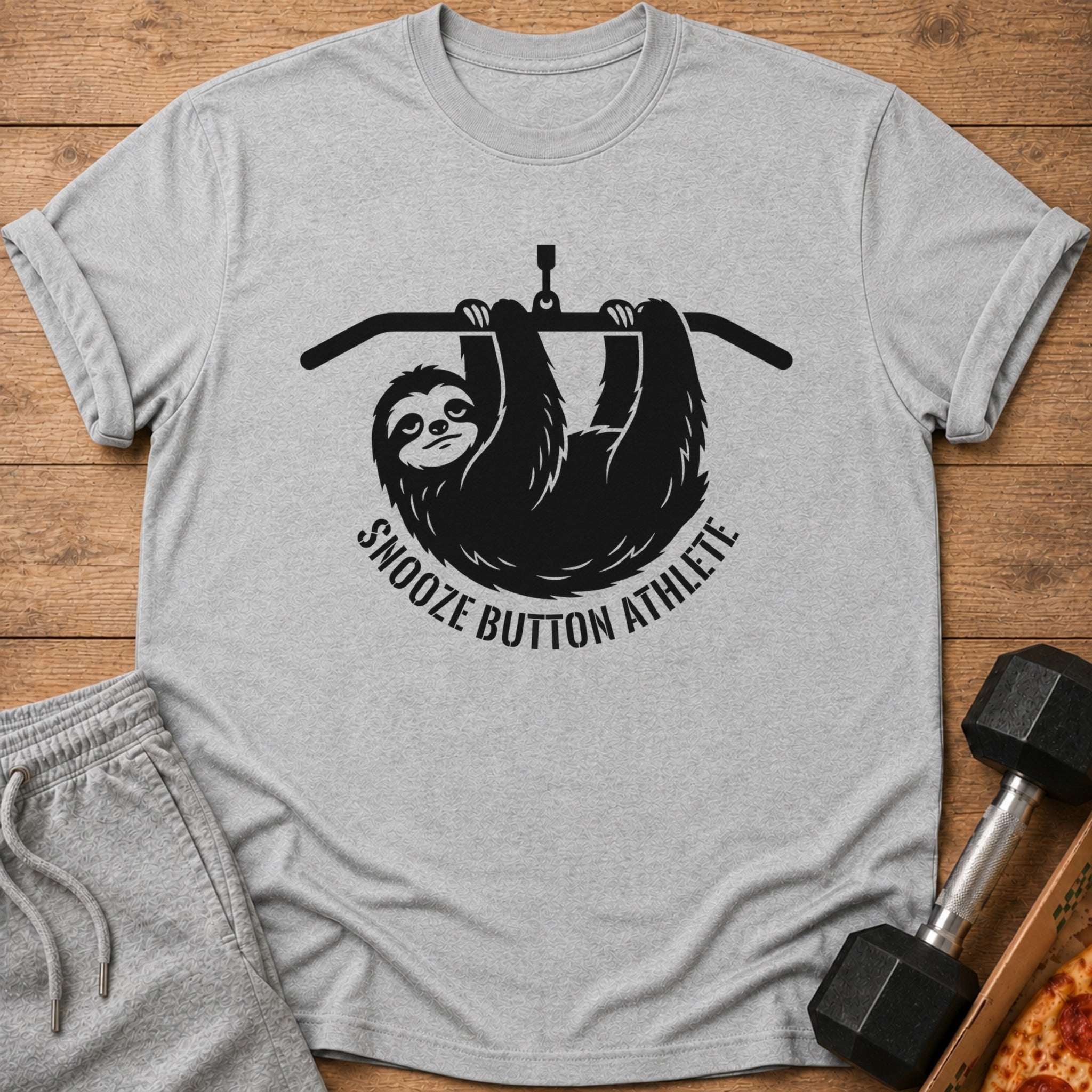 Grey t-shirt with black graphic of sloth hanging from bar and text "Snooze Button Athlete".