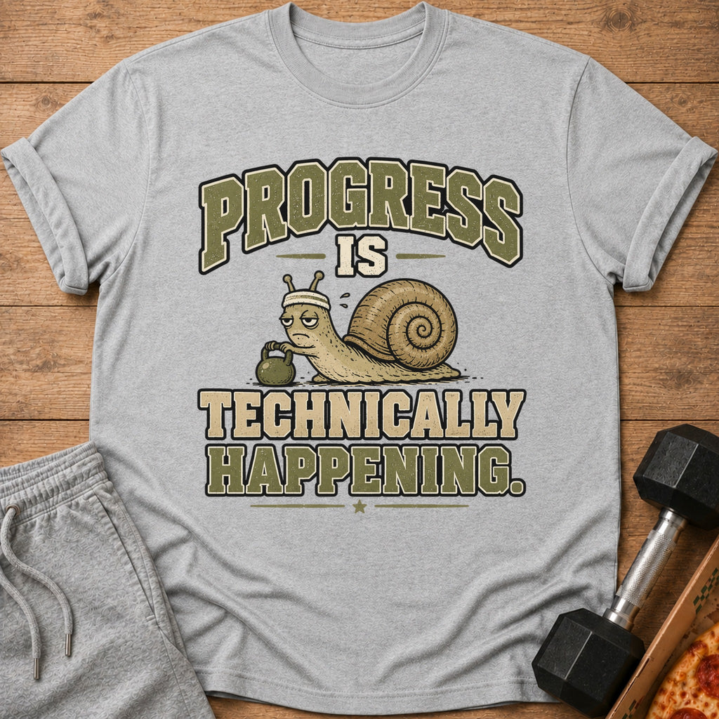 Grey t-shirt with a snail lifting weights and the text "Progress is technically happening."