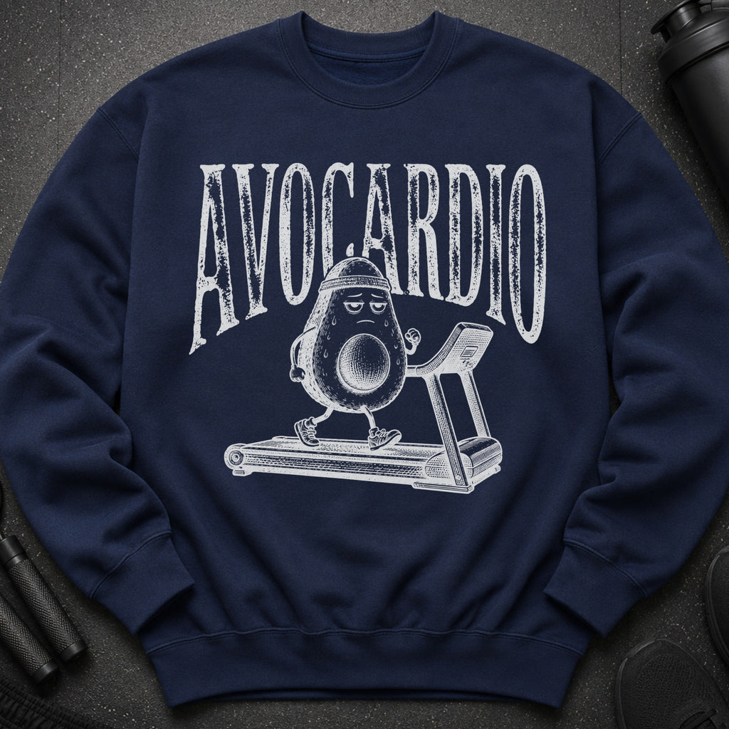 Navy sweatshirt with distressed "AVOCARDIO" text and illustration of avocado on treadmill.