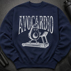 Navy sweatshirt with distressed "AVOCARDIO" text and illustration of avocado on treadmill.