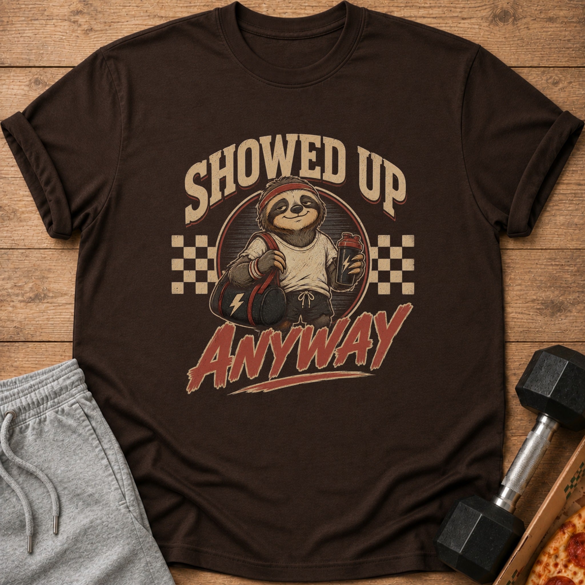 Brown t-shirt with sloth graphic saying "Showed Up Anyway"