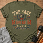 Olive green t-shirt with "The Bare Minimum Club" and a sloth graphic.