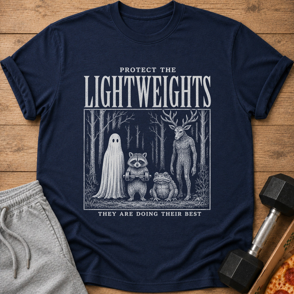 T-shirt with "Protect the Lightweights" and forest scene with ghost, raccoon, frog, and deer.