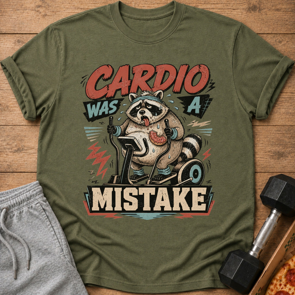 T-shirt graphic: raccoon on elliptical, text "Cardio Was A Mistake".