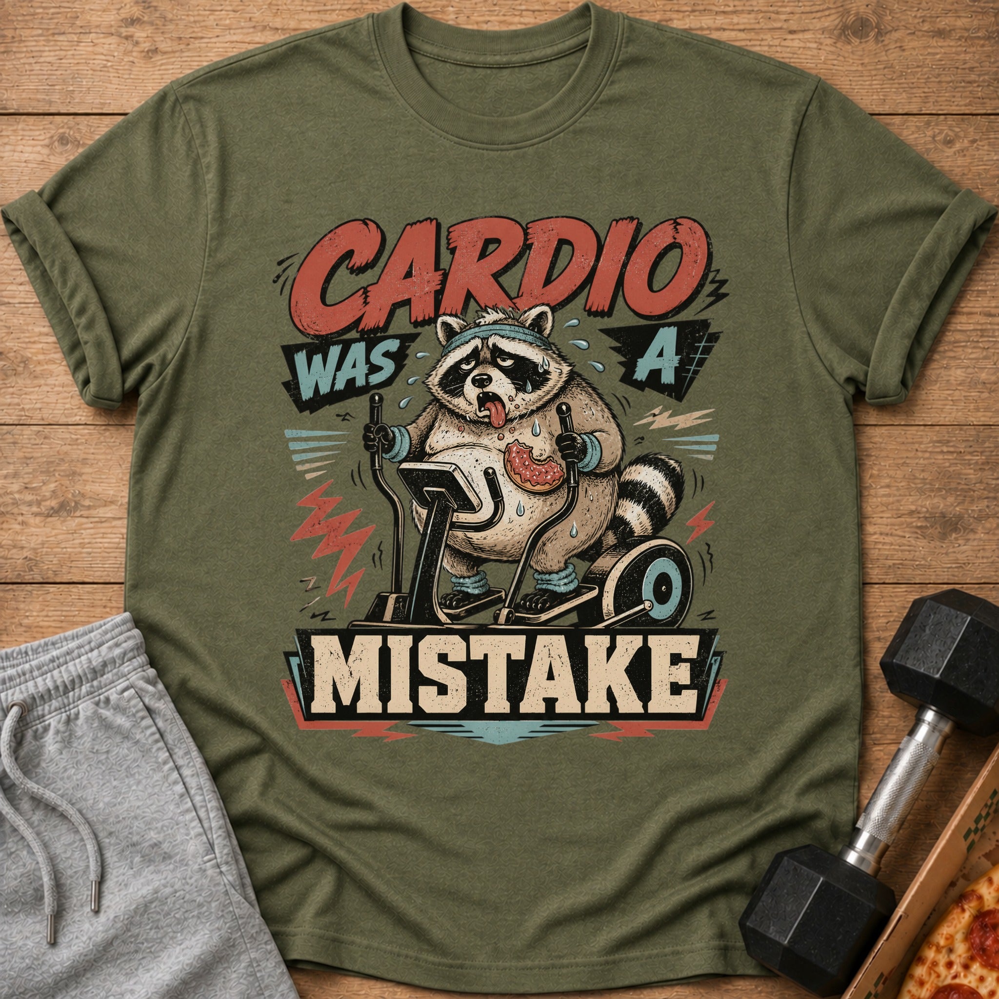 T-shirt graphic: raccoon on elliptical, text "Cardio Was A Mistake".