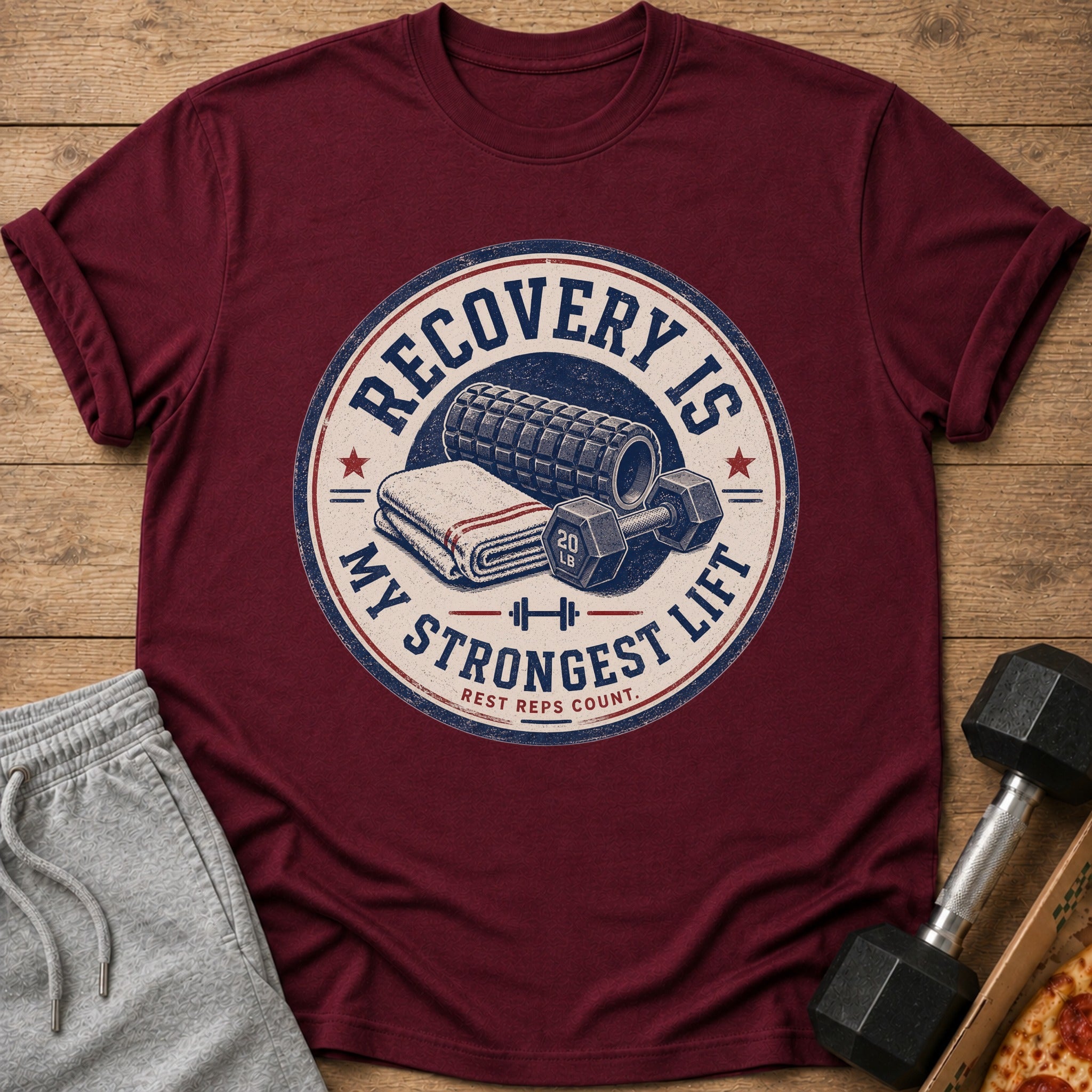 Maroon t-shirt with circular graphic: "RECOVERY IS MY STRONGEST LIFT REST REPS COUNT."