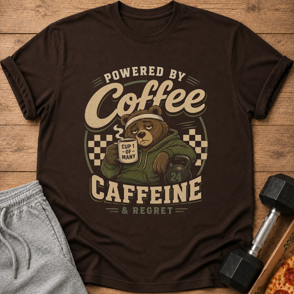 Brown t-shirt graphic: bear with coffee cup, kettlebell, and text "Powered by Coffee Caffeine & Regret".