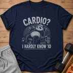 Navy t-shirt with panda lifting weights and text "CARDIO? I HARDLY KNOW '10".