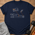 Line art of a person planking, connected to a couch and remote.