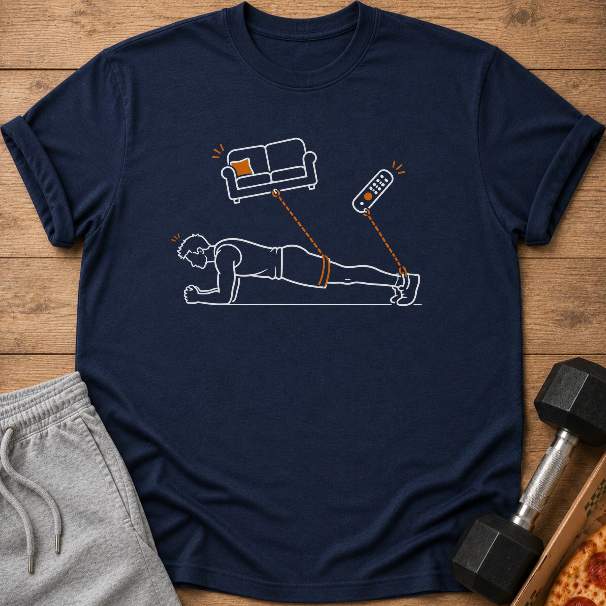 Line art of a person planking, connected to a couch and remote.