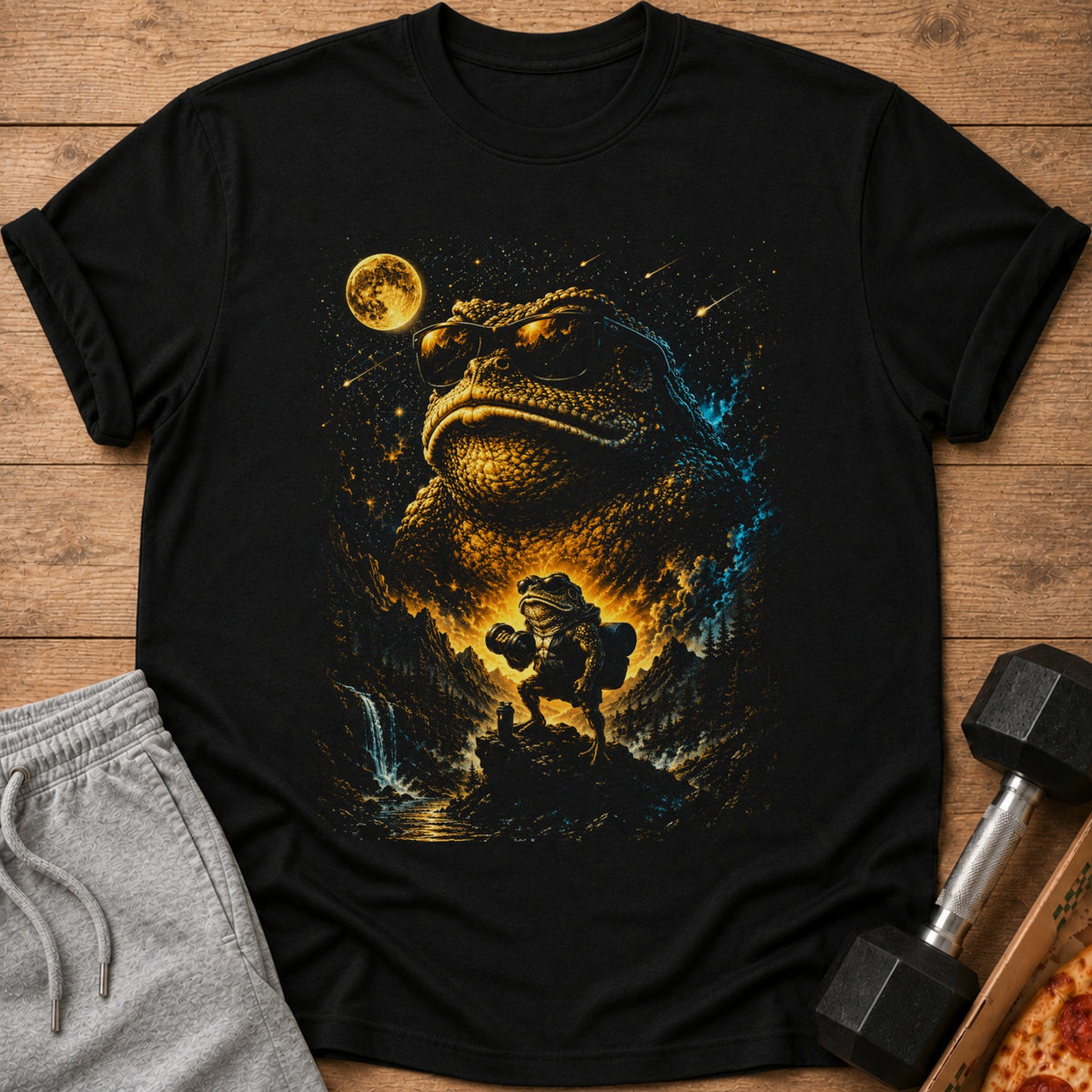 Black t-shirt graphic of a toad with sunglasses and a small toad lifting a dumbbell.