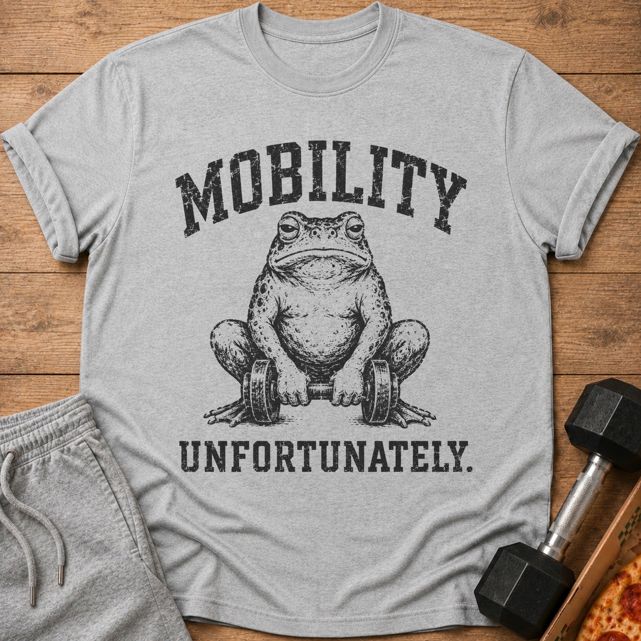 Grey t-shirt with a distressed graphic of a frog holding dumbbells, text reads "MOBILITY UNFORTUNATELY."