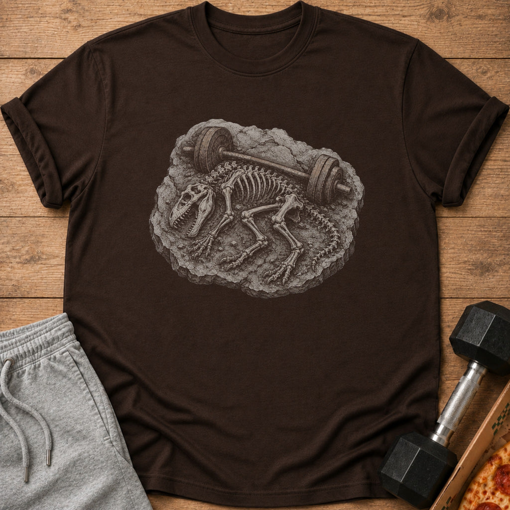 Dinosaur skeleton with barbell on brown t-shirt.