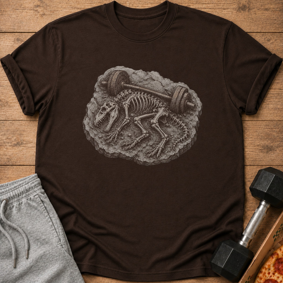 Dinosaur skeleton with barbell on brown t-shirt.