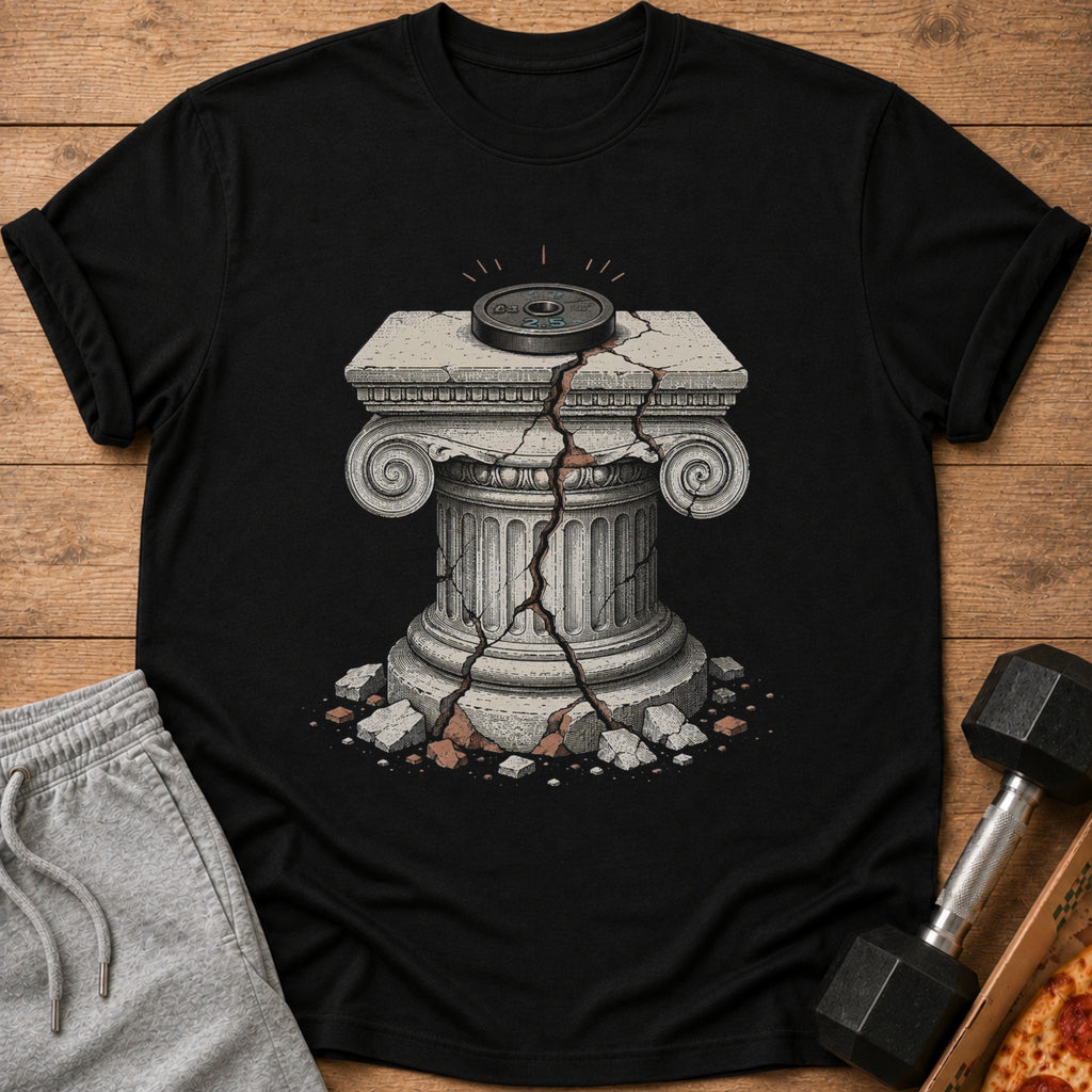 Cracked classical column with a weight plate on top, on a black t-shirt.