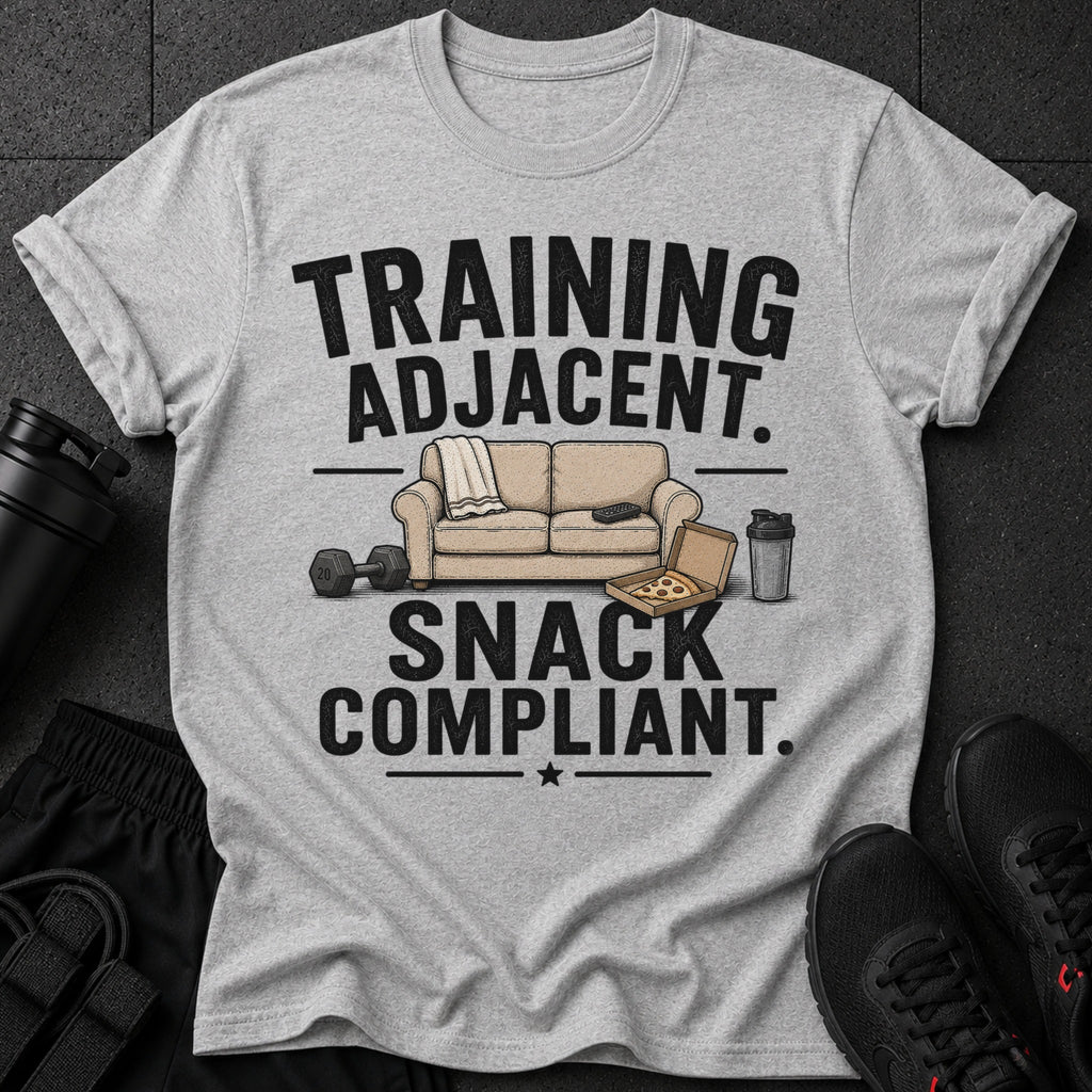 Grey t-shirt with "TRAINING ADJACENT SNACK COMPLIANT" text and graphics.